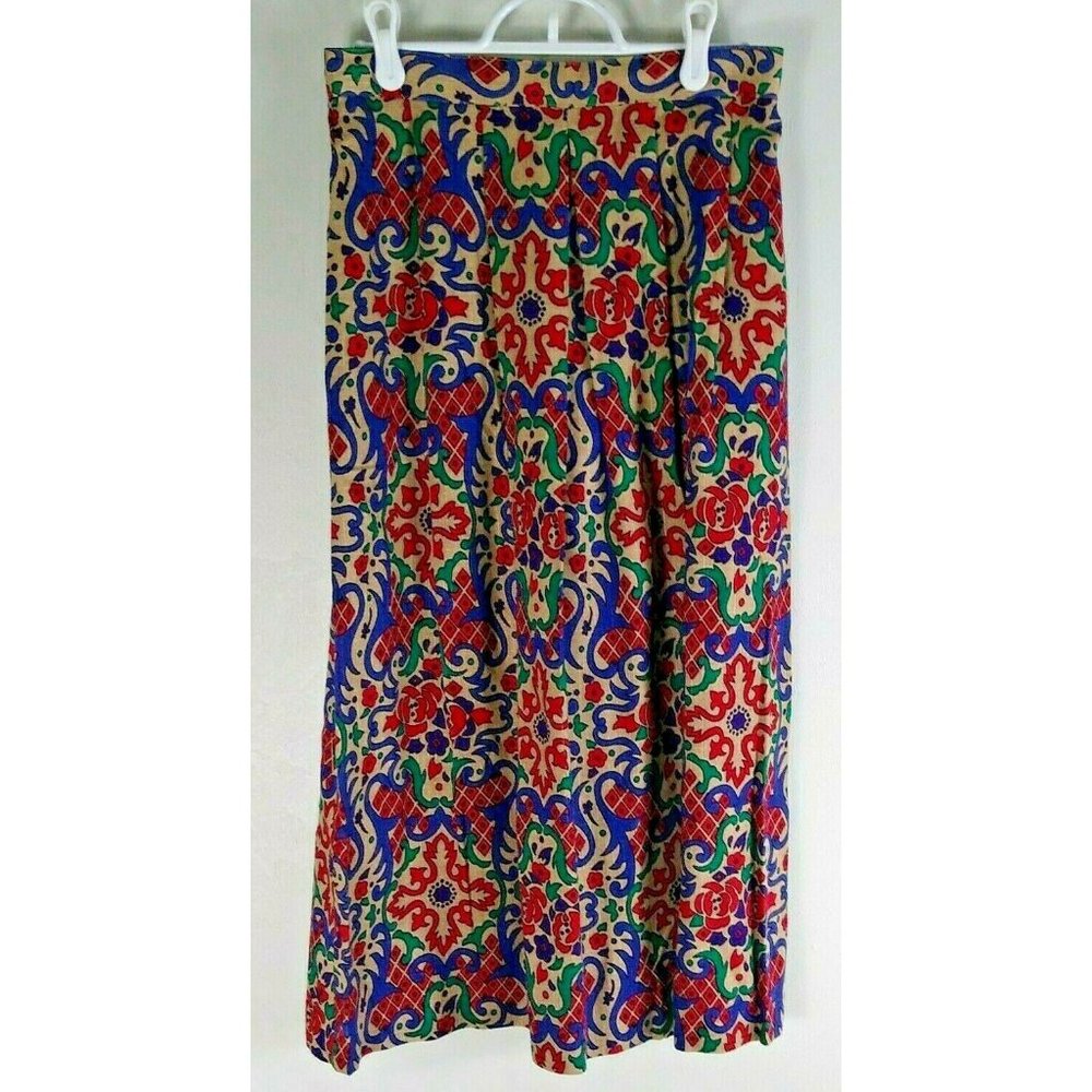 Vintage Skirt Midi Boho Claude 1970s Pleated Old World Floral Print 7/8